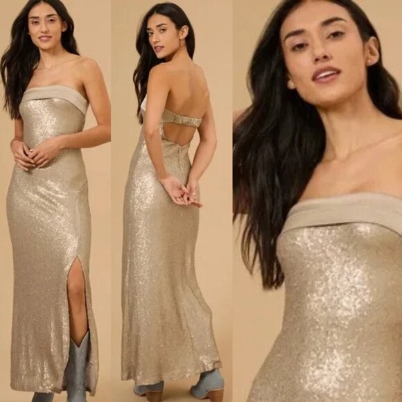 New! Altar’D State Avynly Champagne Sequins Paityn Maxi Dress 37636 - Picture 1 of 15